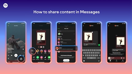 So funktioniert das Teilen in Spotify Messages: Über das Teilen-Symbol wählst du einen Kontakt aus, schreibst eine Nachricht dazu und verschickst den Song direkt im Chat.