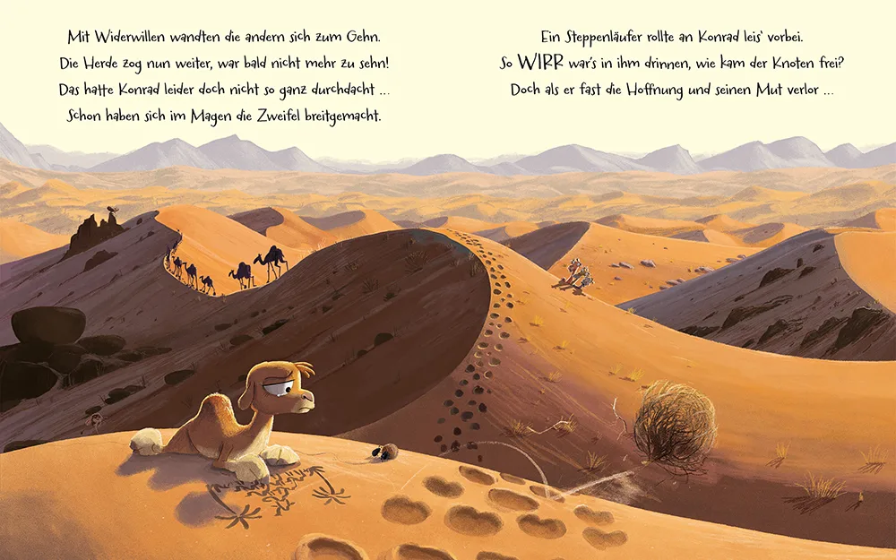 Der kleine Konrad ist so richtig schlecht gelaunt. Doch im Laufe des Buchs verfliegt der Groll nicht nur bei dem kleinen Kamel, sondern auch bei der kleinen Leserschaft.