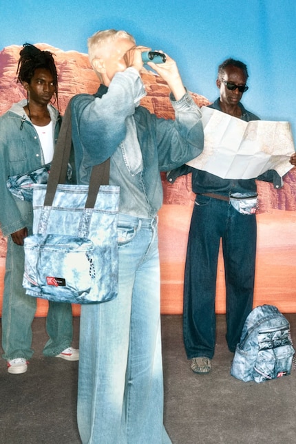 Tote bag, rucksack, waist bag and shoulder bag with trompe-l'œil effect.