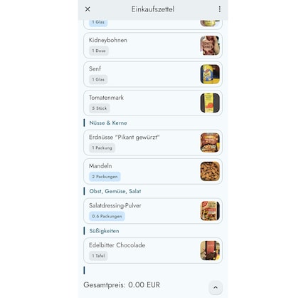 «Grocy» füllt den Einkaufszettel automatisch mit Produkten unter dem Mindestbestand. Die Liste ist dank der Bilder und Kategorisierung in Produktgruppen sehr übersichtlich.