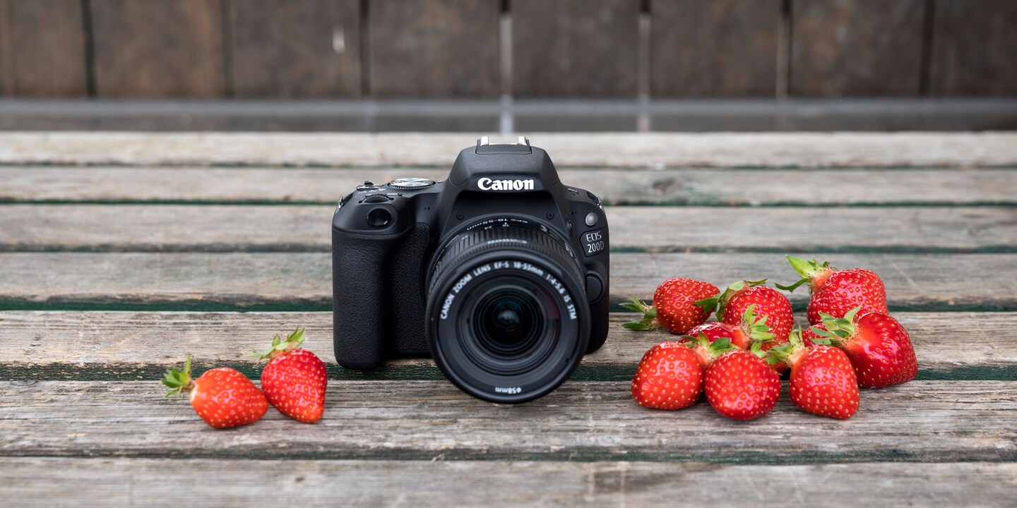 Die neue Canon EOS 200D macht sich auch neben Erdbeeren gut.