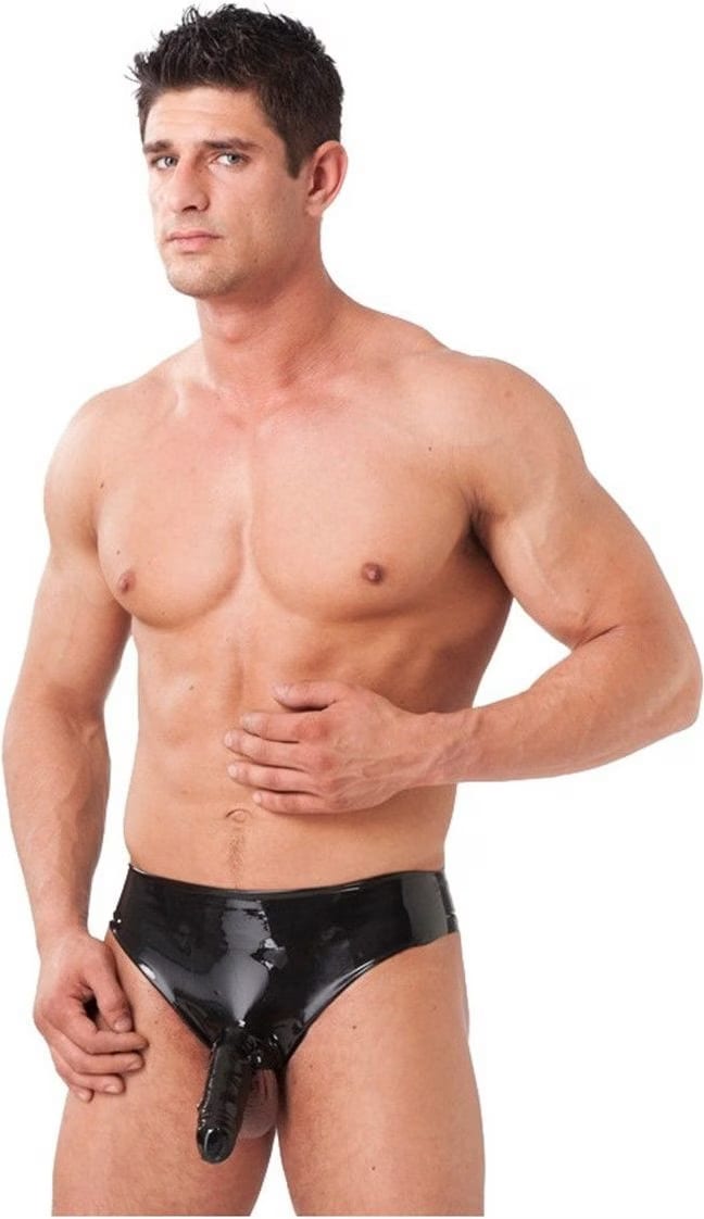 slip mit penishülle Rubberfashion Latex Slip mit Penishülle - kurze extra dicke sexy Rubber mit  Kondom